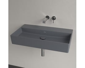 Detaljebillede af Villeroy & Boch Memento 2.0 håndvask i grå, viser den flotte firkantede form uden hanehul og med bundventil.