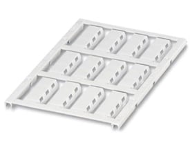 Nærbillede af et ark med 12 hvide Phoenix Contact UC-WMTBA kabelmærkeskilte, der viser detaljer om mærkernes design til 29 x 8 mm størrelse.