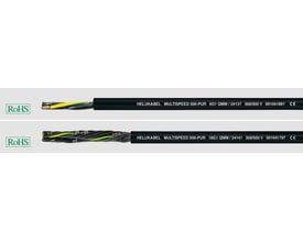 To eksemplarer af HELUKABEL MULTISPEED-500-PUR kabler, øverste viser 4G1, nederste 18G1, begge med metermærkning og RoHS-certificering.