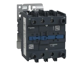 Schneider Electric TeSys D kontaktor LP1D80008 med 125A, 24VDC og 2NO-2NC kontakter, fremstillet i mørkegrå plast med blå betjeningsknapper og metalmonteringsbeslag.