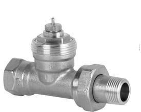 Siemens VDN110 radiatorventil i ligeløb med 3/8" DIN tilslutning, fremstillet i metal med synlige gevind og justeringsmekanisme.