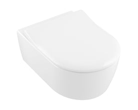 Hvidt, væghængt Villeroy & Boch Avento-toilet med lukket sæde og glat, afrundet skålform.