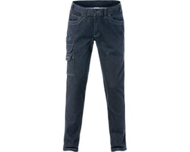 Fristads servicebukser i denim blå, str. 56, vist forfra med cargolomme og D-ring i linningen.