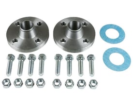 Grundfos flangesæt med to støbejernsflanger, otte bolte, otte møtrikker og to pakninger i hvid baggrund.