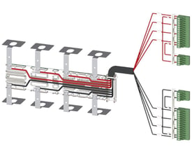 Siemens 3KC9 strømkabel med 4 poler og 630A kapacitet. Visuelt diagram viser kabelføring med røde og sorte ledere til grønne terminalblokke.