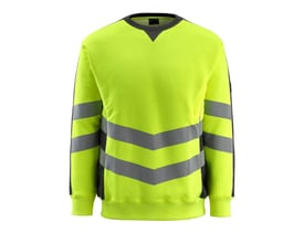 Helkropsbillede af en Mascot Wigton HI-VIS sweatshirt i gul med grå detaljer og reflekser på hvid baggrund.
