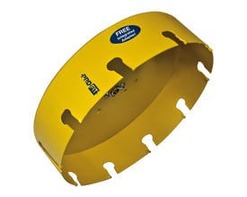 PRO-FIT HM hulsav med en diameter på 270 mm i kraftig gul metal med integreret adapter.