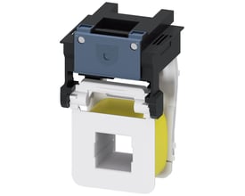 Siemens udtag spole S10, en betjeningsmekanisme til kontaktorer 3RT106/146, med A1 og A2 mærkater. Produktet er i sort, blå og hvid plastik.