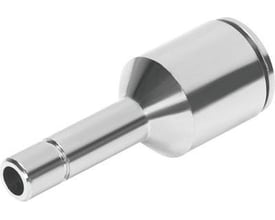 Festo lige-forbindelse indstik NPQM-D-Q6-S4-P10, en metalfittings med et smalt indløb og en bredere udgang.