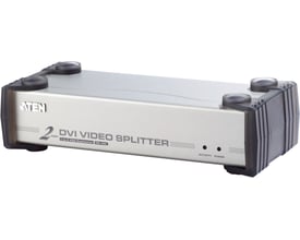 ATEN DVI-splitter VS-162 med to DVI-I Single Link porte og mulighed for højtalere, i sølvfarvet metal og sort plast.