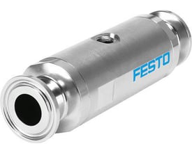 Festo slangeventil VZQA-C-M22U-15-S5S5-V4VE-4 i børstet stål med blå logo og monteringsflanger.