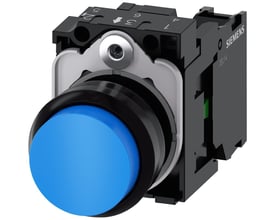 Siemens Sirius Act 22mm trykknap i blå plast med momentan kontakt og 1 NO skrueklemme monteringsenhed.