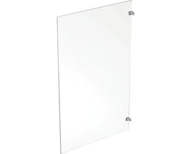 Ifö Showerama Art brusevæg set fra siden, viser de to sølvfarvede beslag og det 900 mm brede klare glas.