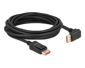 Sort Delock DisplayPort-kabel på 5 meter med hanstik i begge ender og et 90° nedadvinklet stik, vist oprullet.