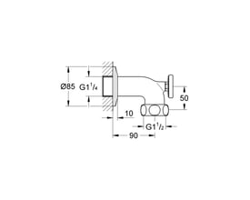 Teknisk tegning af Grohe Lahr afgangsbøjning med mål, der viser 90 mm fremspring og G1 1/4" x G1 1/2" tilslutningsstørrelser.