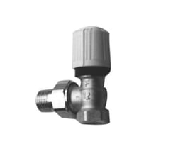 Herz nl reguleringsventil med 1/2" dimension i vinkelløbende design med hvidt greb til manuel varmeregulering.