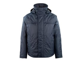 Mascot Frankfurt vinterjakke i marineblå, str. L, vist forfra med lynlås, brystlommer og aftagelig hætte på hvid baggrund.