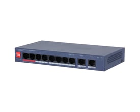 Dahua 10-ports cloudstyret desktop-switch med 8 PoE-porte, 2 uplinkporte og 110 W PoE-budget, set skråt forfra.
