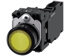 Siemens 22mm oplyst trykknap i gul med 1 NO/1 NC kontakt og skrueklemme, vist på hvid baggrund.