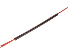 Weidmüller CLI R 02-3 ledningsmærke i brun PVC med rød spids på en hvid baggrund.