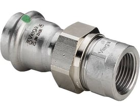 Viega G1 Sanpress Inox union med 28 mm presmuffe og 1" indvendig gevind, lavet af rustfrit stål.