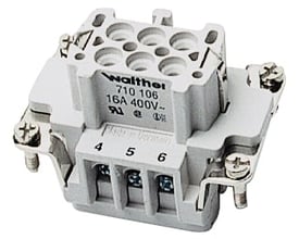 Procon B-bøsningsindsats, 6-polet, 16A, 500V med skrueklemmer, mærket 4, 5 og 6, på en lys baggrund.