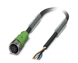 Nærbillede af Phoenix Contact SAC 4P M12 PUR sensorkabel, med fokus på det grønne M12 hunstik og de fire indre ledere.
