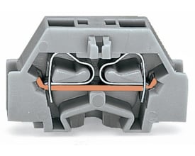 Frontvisning af Wago 2,5mm² 2-leder miniklemme i grå med synlig CAGE CLAMP-mekanisme.