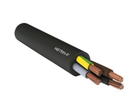 Sort gummikabel GKDOJ H07RN-F 5G16mm² med fem synlige kobberledere, herunder en gul/grøn jordleder, grå, sort og brun leder.