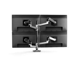 ERGOTRON LX Dual Stacking Arm med høj stang, sorte detaljer og poleret finish bærer fire skærme i to rækker.