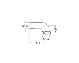 Teknisk tegning af Grohe tilslutningsvinkel med dimensioner, der angiver 112mm, 50mm samt gevindstørrelser G1 1/4 og G1 1/2.