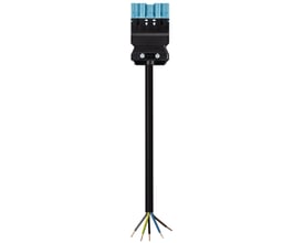 Detaljeret billede af Wieland GST18I5 5-polet kabel, viser den blå han-stikside med mærkning og afisolerede ledninger.