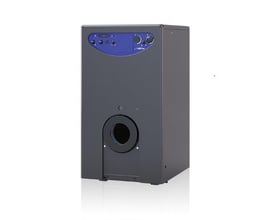 Oliekedel Rondo 3 OF i mørkegrå med blåt kontrolpanel, 18,9-23,5kW ydelse, støbejernskonstruktion og 130mm aftrækstilslutning.