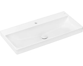 Oversigtsbillede af den hvide Hansgrohe Xelu Q håndvask med armaturhul og bundventil i en ren, firkantet porcelænsform.