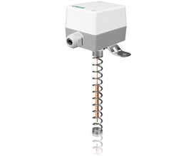 Lindab Firesystem PRO, Kanaltermo PRO-DT mekanisk kanaltermostat med væskefyldt kobberprobe og monteringsbeslag, hvid og grå.