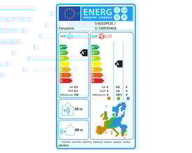 Panasonic S-6010PK3E energimærkat med SEER og SCOP værdier samt støjniveau for vægmonteret klimaanlæg.
