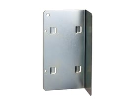 Lauritz Knudsen 19'' vægbeslag til hylde med 2HE, vist fra siden og fremad med 4-punkts opsætningshuller i metal.