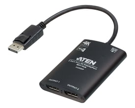Aten 2-Port True 4K DisplayPort MST Hub VS92DP i sort viser to DisplayPort udgange og en DisplayPort indgangskabel.