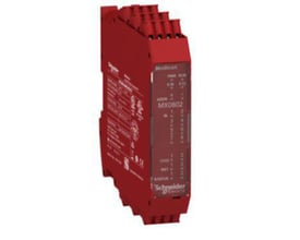 Schneider Electric Modicon MCM udvidelsesmodul med 8 digitale indgange og 2 udgange, viste model MX0802, med fjederklemmer og statusindikatorer.