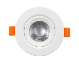 Frontvisning af et hvidt 7W LED indbygningsspot med orange clips på hver side, ideel til 230V installation.