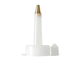 En hvid plastiktud til olieflaske med en gylden messingspids og en separat lysegrå hætte på siden.