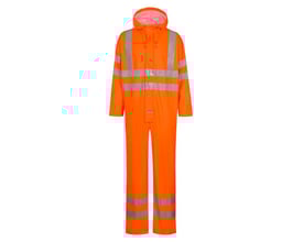 Lyngsøe PU heldragt i High-Vis orange, str. L, med fast hætte og reflekser på arme og ben.