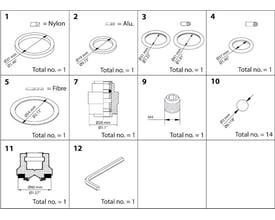 Diagram over vedligeholdelsessæt til Danfoss SVA 25-40, med detaljerede tegninger af 12 forskellige komponenter og deres mål.