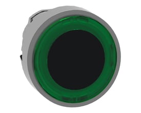 Schneider Electric Harmony XB4 trykknaphoved med grøn LED-ring og plan sort front, Ø22mm diameter.