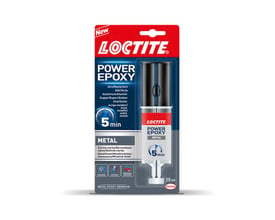 Loctite Power Epoxy Metal epoxylim i blisterpakke, viser 25ml doseringssprøjte og 5 minutters hærdetid.