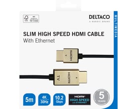 Deltaco HDMI-kabel på 5 meter i sort og guld vist på detailæskens forside med stik og produktdata.
