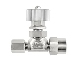Serto syrefast reguleringsventil i rustfrit stål med 8 mm tilslutning og drejehåndtag. Ventilen har en kompakt konstruktion med gevindkoblinger i hver ende.