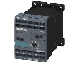 Siemens 3RP2 multifunktions tidsrelæ med 2 CO kontakter, tidsindstilling 0,05s-100h og 24-240V AC/DC i grå og sort plast.