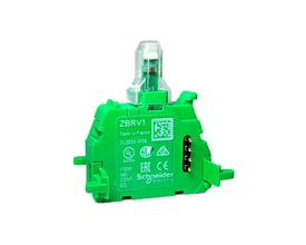 Schneider Electric lysmodul ZBRV1 i grøn plast med synlige terminaler og klar top, isoleret på hvid baggrund.