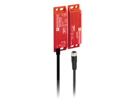 Schneider Electric magnetkontakt XCSDMP501L01M12 i orange plast med 1NO+2NC kontakter, LED og M12 stik samt sort kabel.